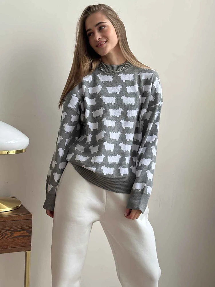 TARUXY-suéter con estampado de Alpaca para mujer, Jersey informal holgado de manga larga con cuello redondo, Top de punto Retro Para otoño e invierno