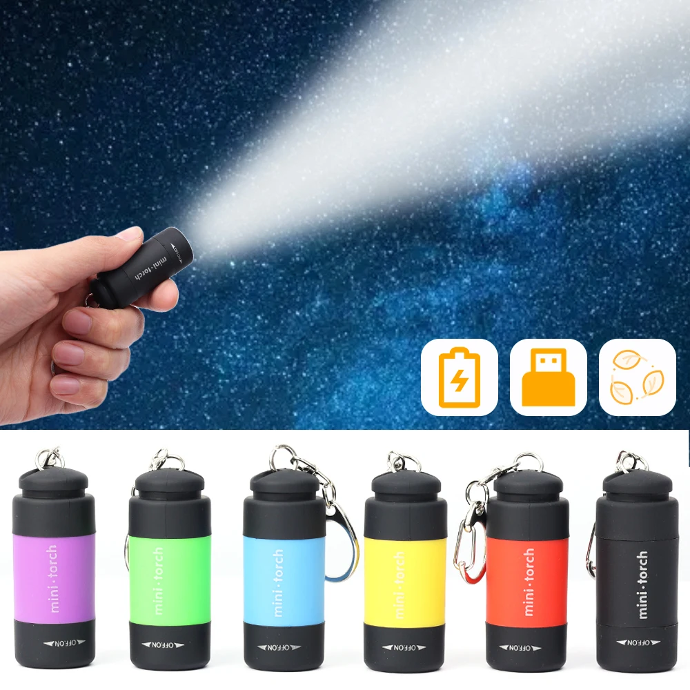 Mini torche de poche à LED, lanterne portable, aste par USB, lampes de poche porte-clés, étanche, extérieur, randonnée, camping