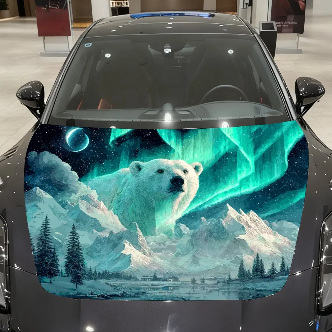 Aurora Polar Bear Car Hood Decal - PVC Realistic Pattern Design, Universal Fit For General Motors & Racing Cars, Durable Externa