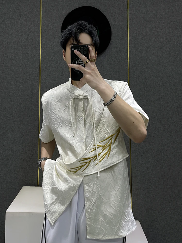 

Summer New Chinese Style Embroidered Short Sleeve Shirt Stand Collar Men's Loose Fit No Ironing Required Daily Wear