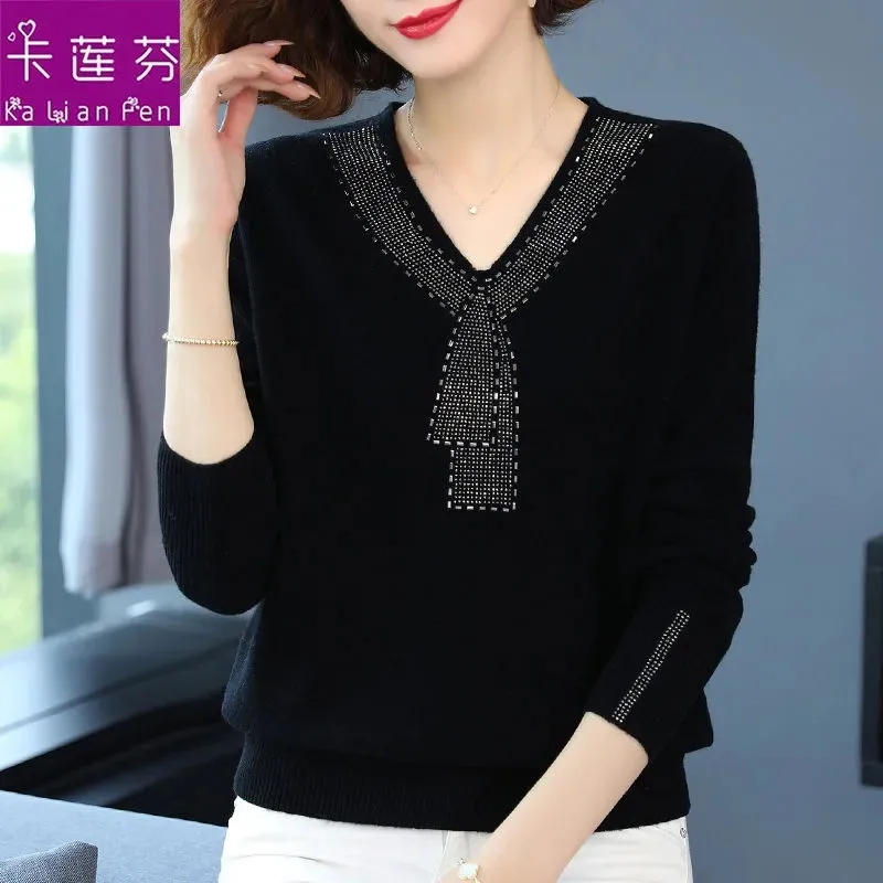 Mother Spring And Autumn Ladies Sweater Women Loose Fashion Diamond Knitted Sweater Winter Keep Warm Women Bottoming Shirt Top