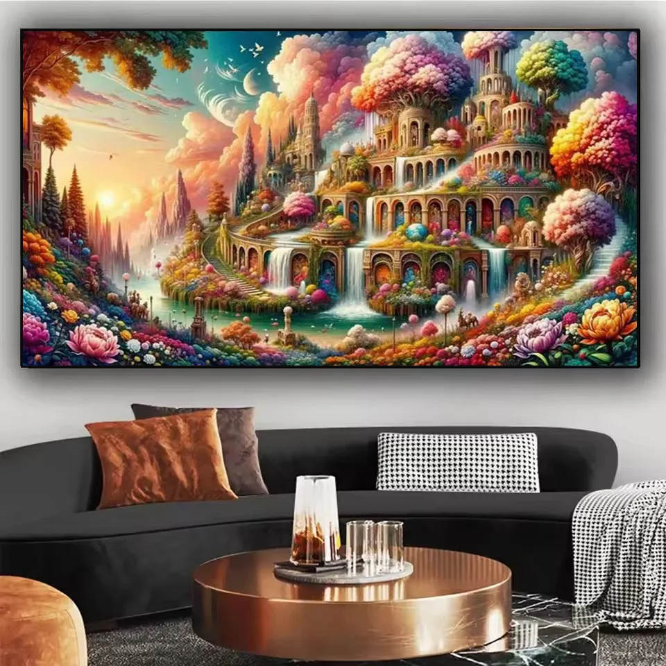 Diy Diamond Painting Large Size Surrealistic Beautiful Tiered Gardens Waterfalls Flowers Arches Full Mosaic Embroidery home Gift