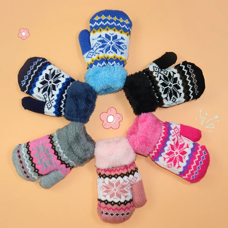 Winter Warm Full Finger Thickened Children's Babies 3-6 Years Old Knitted Yarn with Velvet Thickened Finger Gloves