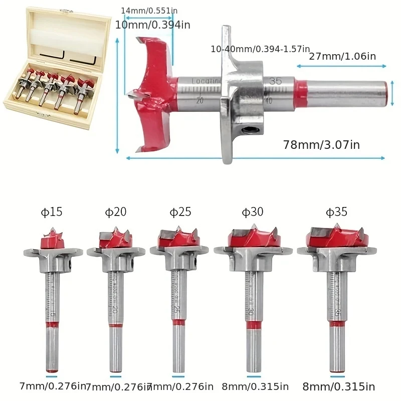 For Adjustable Hinge Hole Expander 15-35mm (With Wooden Box) Woodworking Hole Opener Set Positioning Hard Alloy Flat Wing Drill