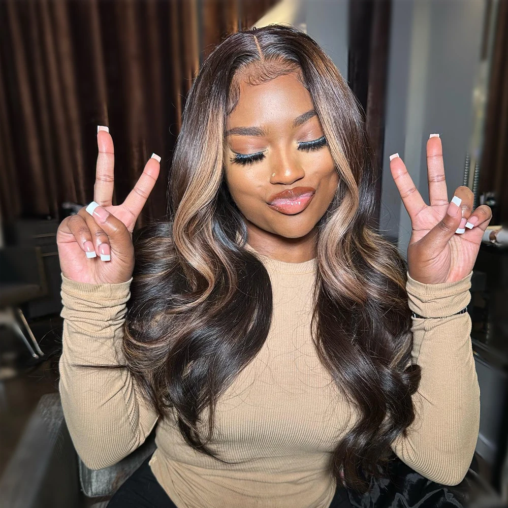 Body Wave Highlight 13x4 13x6 Lace Front Human Hiar Wig Brazilian PrePlucked 1B/27 Colored Honey Brown Lace Front Wigs For Women