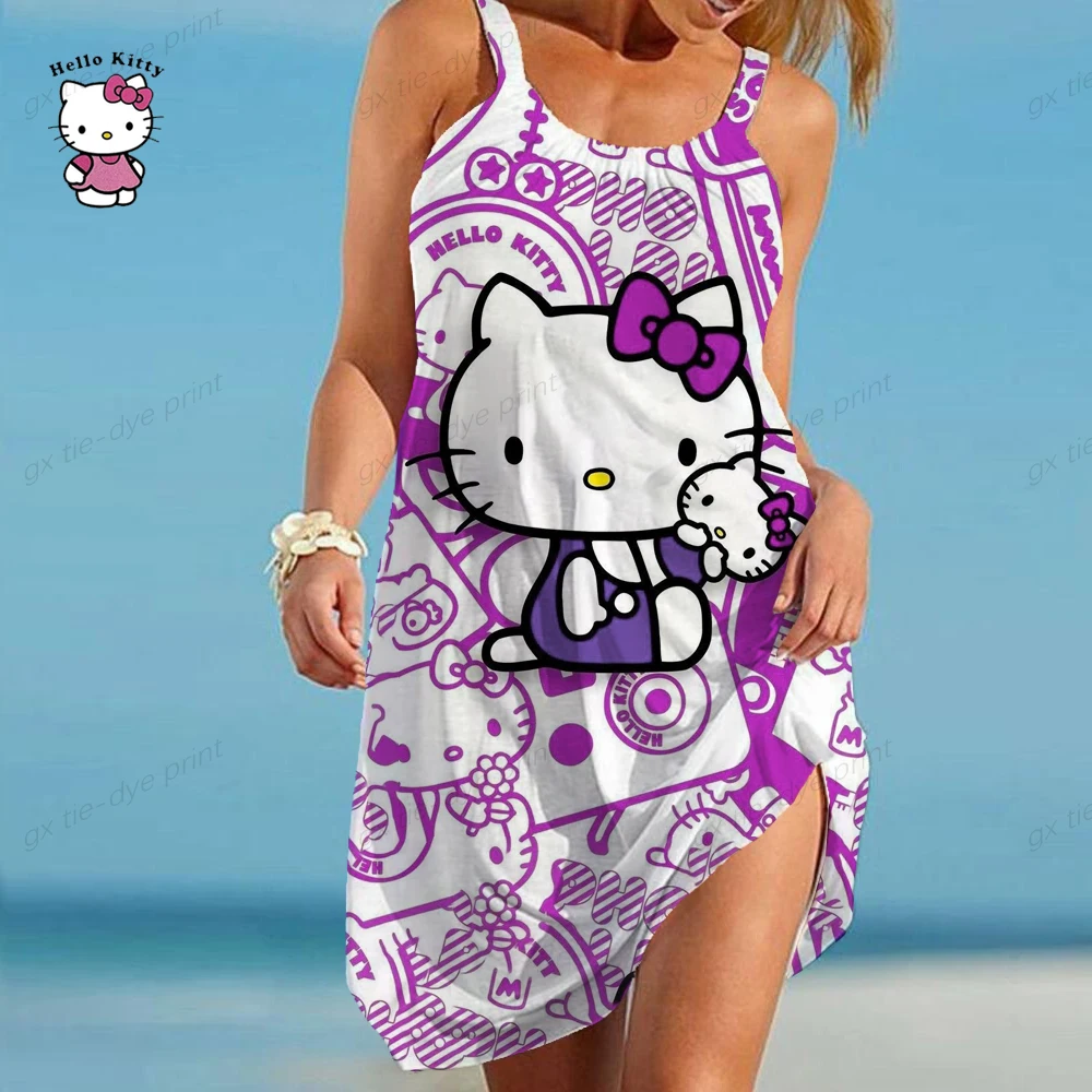 2023 seksowna sukienka damska letnia O dekolt w stylu Vintage Boho impreza na plaży sukienka plażowa Hello Kitty Oversize Sundress