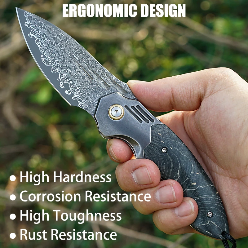 Purely Handmade VG-10 Damascus Steel Portable Sharp Knife,Men's EDC Pocket Clip Knife,Outdoor Survival Hunting Folding Knife