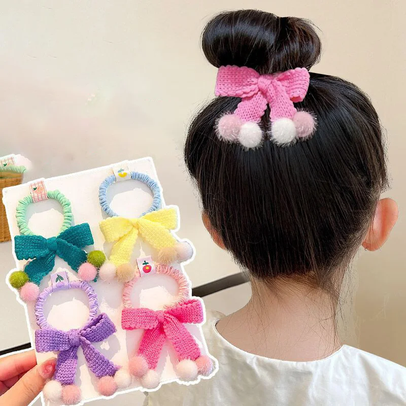 1PCS Plush Small Ball Knitted Bow Girls Kids Elastic Hair Bands Children Cute Hair Ties Princess Hair Accessories Baby Headwear