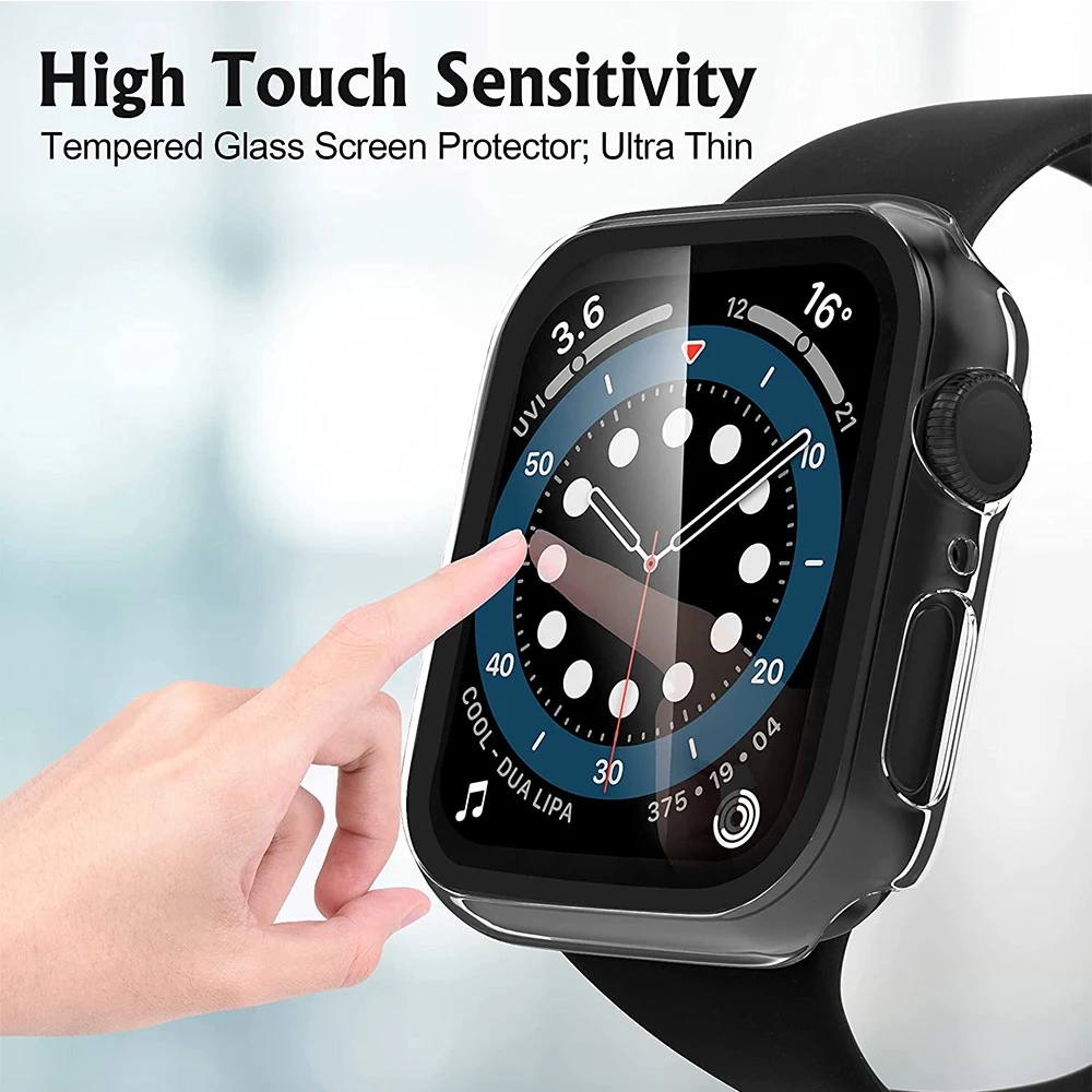 Glass+ Case for Apple Watch 9 45mm 41mm 40mm 44mm 42mm 38mm PC Matte Screen Protector for Iwatch series 8 7 6 5 4 3 2 1 SE