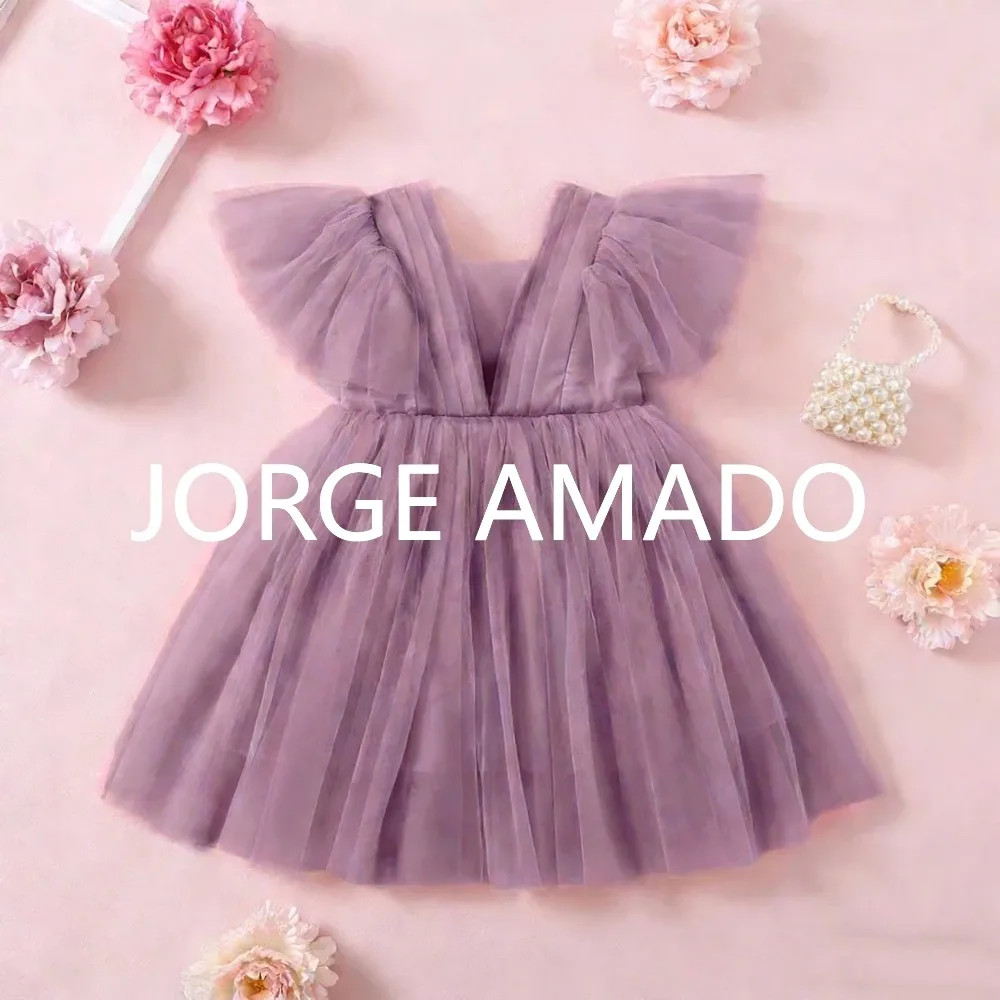 New Summer Flower Girl Wedding Party Dress Flutter Sleeve V-neck Layered Tiered Ruffle Princess Birthday Formal Dresses E0408