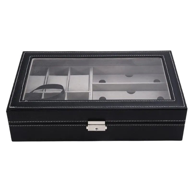 

AT33 2 In 1 Eyeglass Sunglass Storage Box PU Leather 6 Slot Glasses Storage And 3 Slot Watches Dustproof Storage Organizer