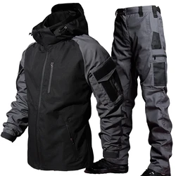 Waterproof Tactical Sets Men Autumn Multi-pocket Bomber Jackets+Wear-resistant Cargo Pant 2 Pcs Suits Military Hooded Combat Set