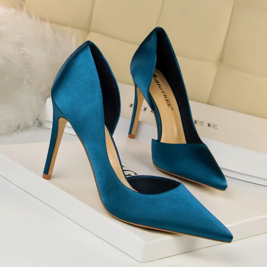 Women Fetish 9.5cm High Heels Royal Blue Green Pumps Lady Escarpins Silk Wedding Bridal Stiletto Heels Party Event Elegant Shoes