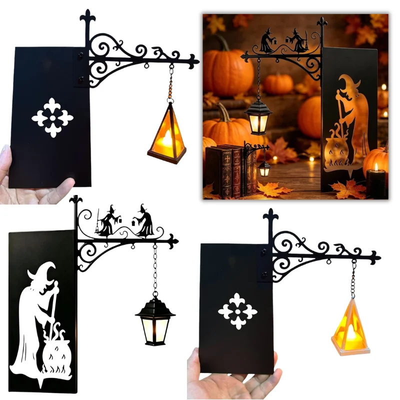 Gothic LED Lamp Halloween Witch Cauldron Wooden Wall Plaque Scroll Metal Bracket LED Pendant Light Home Front Door Spooky Decor