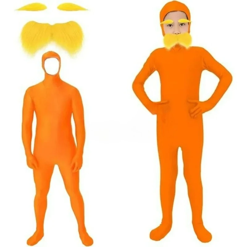 Halloween cosplay Party Jumpsuit Orange Costume Yellow Moustache and Eyebrow Baring Orange Bodysuit Masquerade Outfits