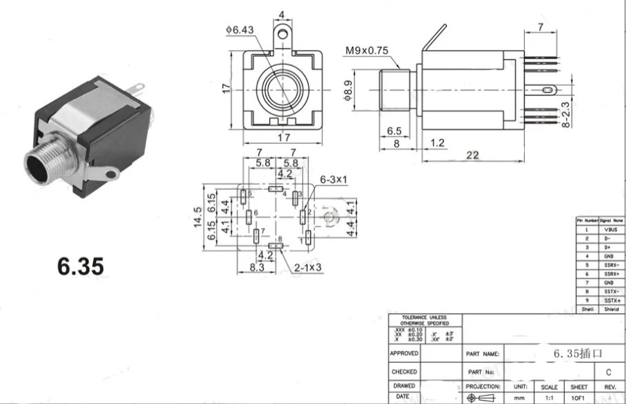 6.35mm Socket Audio Motherboard Microphone Interface Mixer Microphone Socket Black Headphones Power Socket