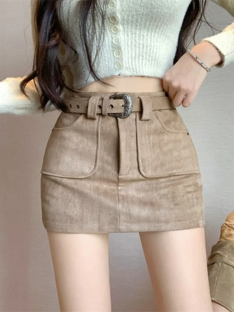 Retro Khaki Suede  A-Line Skirt High Waist Women's Autumn Winter Versatile Short Half-length Bodycon Skirt Elegant Sensation
