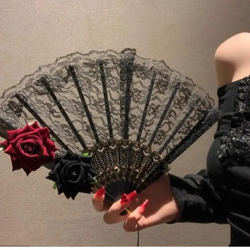 

1Pc Chinese Classical Lace Folding Fan Summer Fashionable Retro Rose Decorative Folding Fan Cosplay Accessory