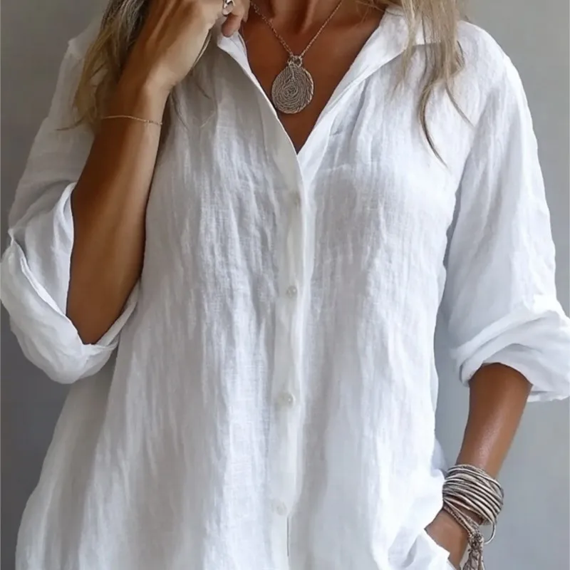 

Однотонная льняная сексуальная однобортная однобортная рубашка с v-образным вырезом и длинными рукавами, весенне-осенняя женская одежда, новая повседневная свободная рубашка Blusas De Mujer