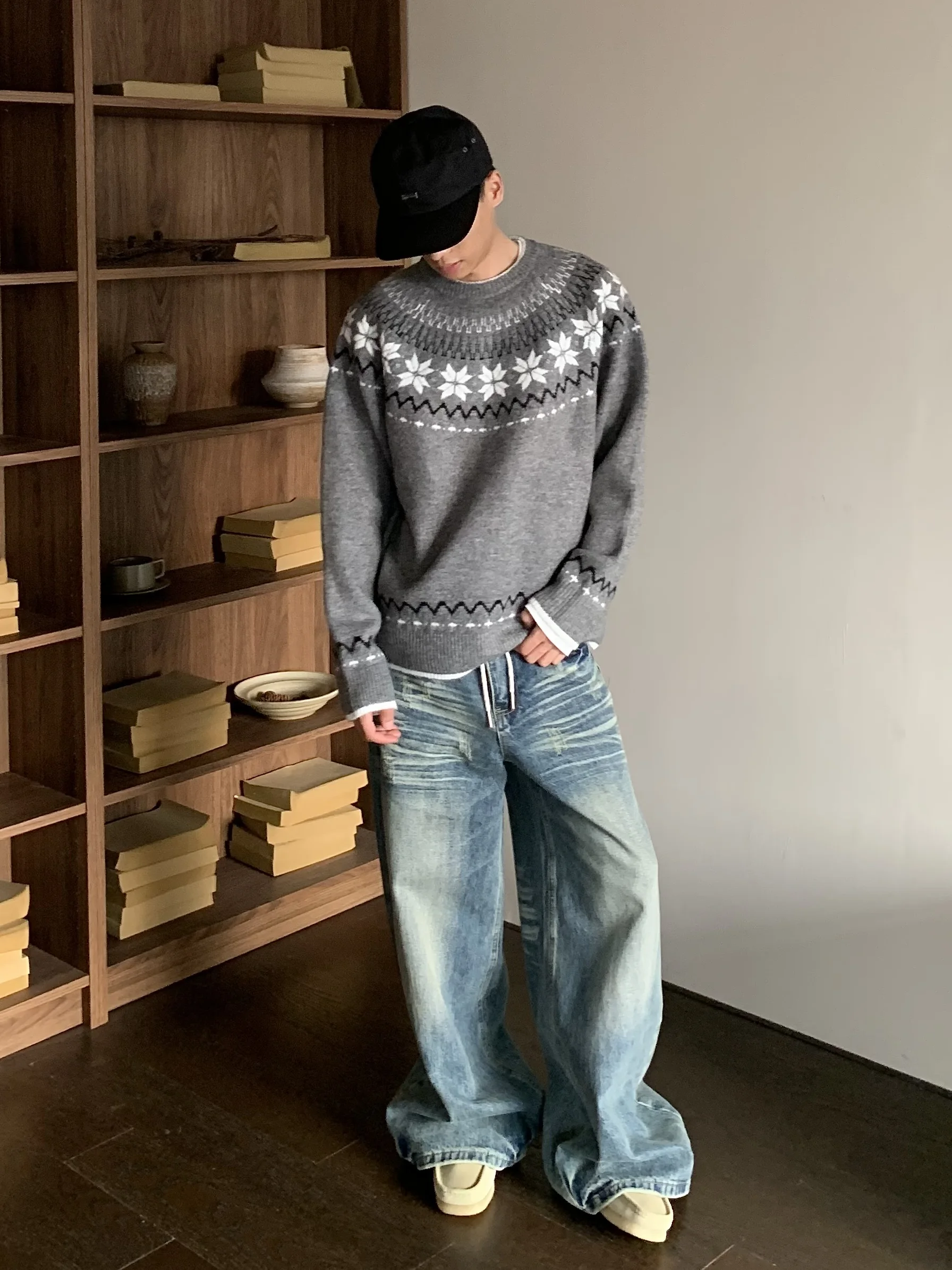 

Вязаный круглый свитер в стиле ретро American Fair Isle Snowflake ex Cleanfit, осенне-зимняя уличная одежда, вязаная мода