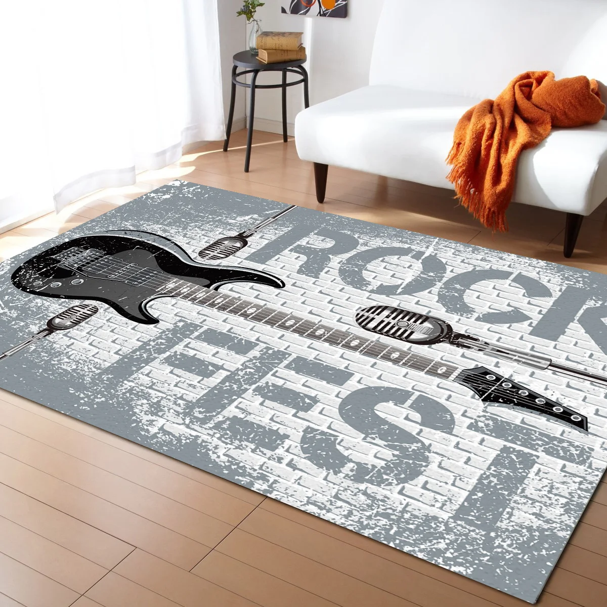 Rock Stone Music Black Guitar Symbol Carpet Area Rug Children's Room Living Room Bedroom Home Play Decoration Large Floor Mat