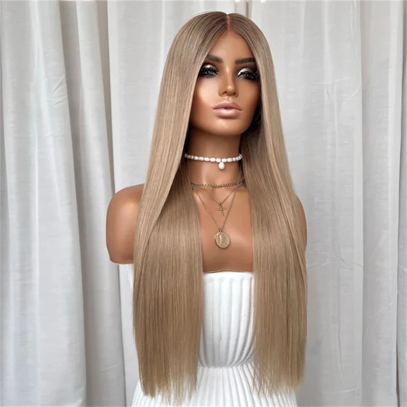 Free Part Ombre Caramel Blonde HD Lace Front Wig High Quality Synthetic Wig 28 Inch Soft Long Straight Wig Heat Resistant Fiber