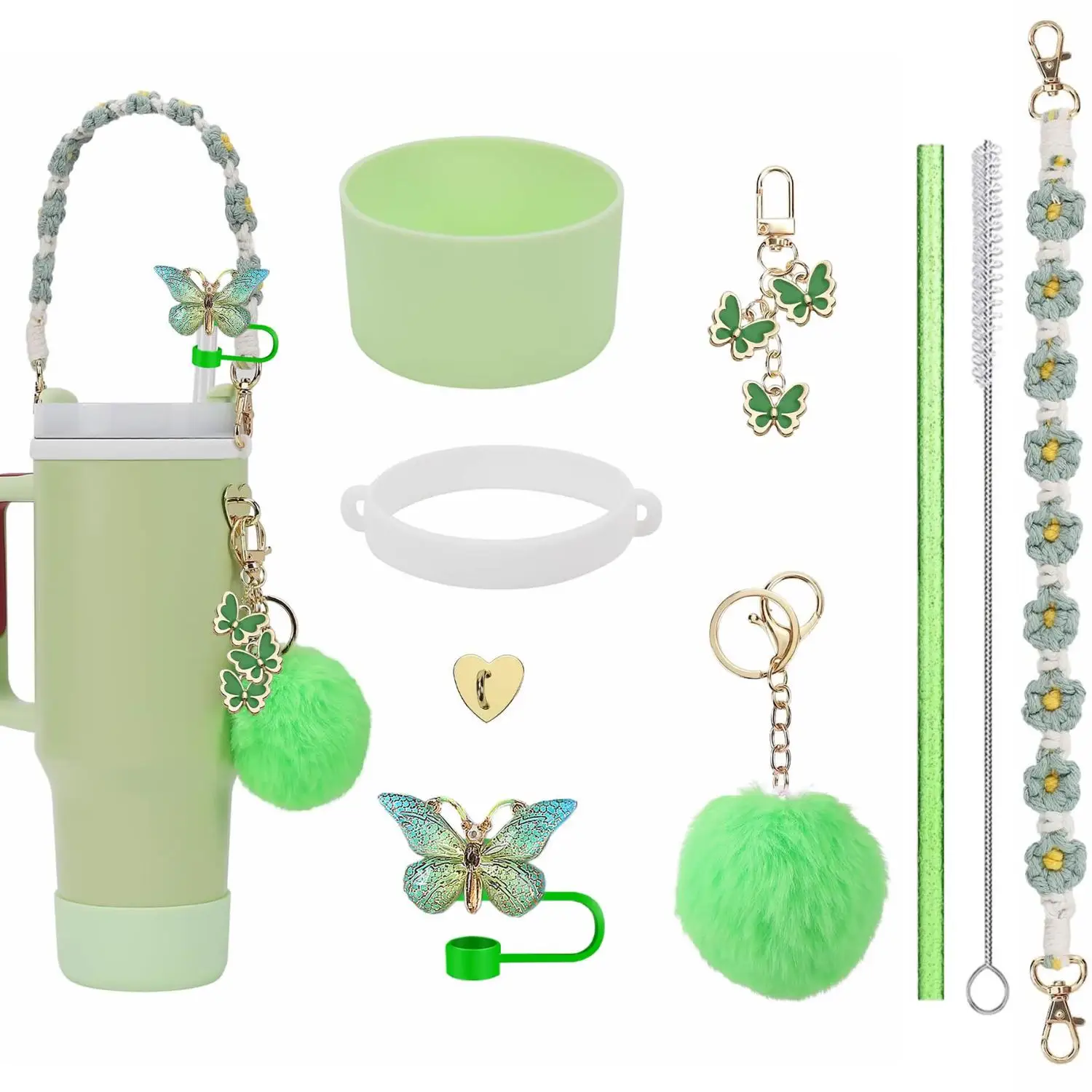Silicone Gradient Bow Hand Strap Charms Fluffy Pom-pom Cup Chain Straw Topper - Trendy Accessory for Straws And Drinkware