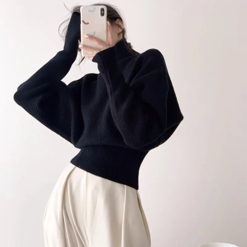 Women\'s High Neck and Wide Shoulder Knitted Sweater, New High-End Design with Unique Bubble Sleeves, Fash, Autumn and Winter