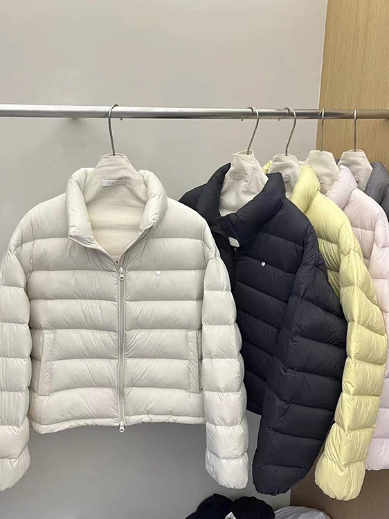 

Korean Style Short Puffer Jacket White Duck down Coat Women's Winter Thickened Warm Outerwear Stand Collar Long Sleeve Coat