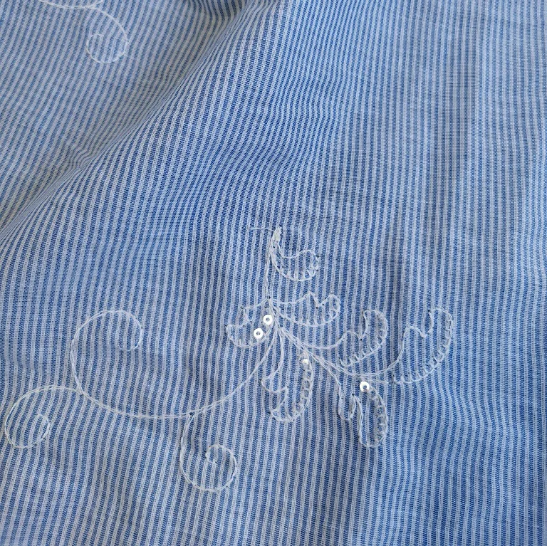 

New 3D embroidered pure cotton blue striped Yarn-dyed fabric for dresses, base fabric, clothing, shirts, and skirts