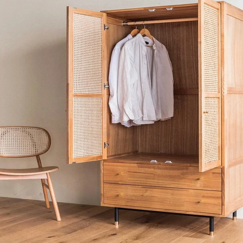 Rattan Solid Wood Wardrobe Bedroom Cabinet Storage Locker Double Door Hanging Wardrobe Storage Armario Bebe Armario Pasillo image 5