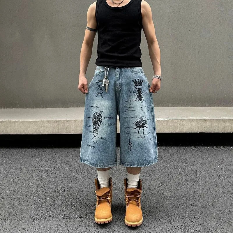 

American High Street Denim Shorts Men Insect Graffiti Loose Casual Straight Calf-length Pants Retro Versatile Streetwear Female