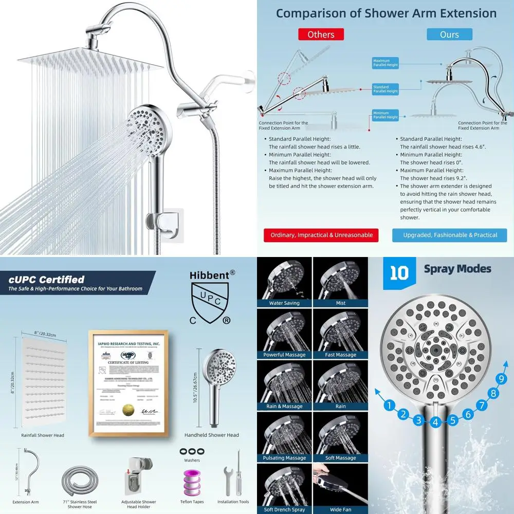 

Набор для душа с высоким давлением: 8-дюймовая лейка с ручным душем, 12-дюймовый выдвижной кронштейн, 10 режимов, шланг 71 дюйм, хромированная отделка