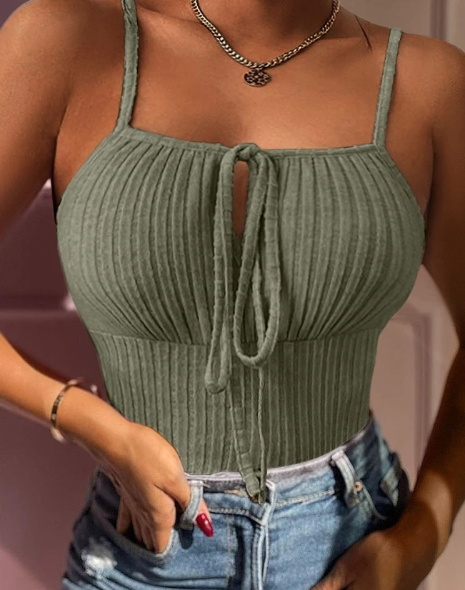 Sexy Women's Crop Tops Camis Sleeveless Drawstring Lace-Up Solid Cotton Details Hanging Strap Off Shoulder Sexy Ribbed Camo Top