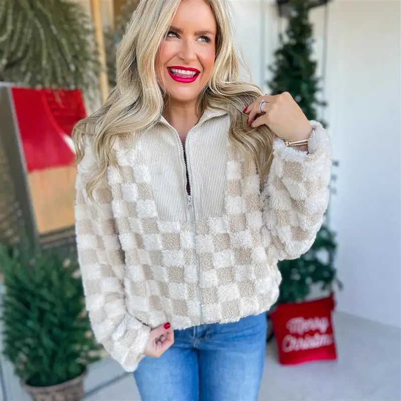 

Loose Plaid Jacket Women's Versatile Texture Casual Fleece Top Cross-Border New Women's Fashion Autumn Winter Outerwear