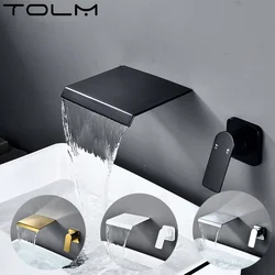 TOLM Matte Black/Chrome Bathroom Faucet Wall Mounted Waterfall Sink Faucets Washing Basin Taps Hot & Cold Out Water Mixer Tap