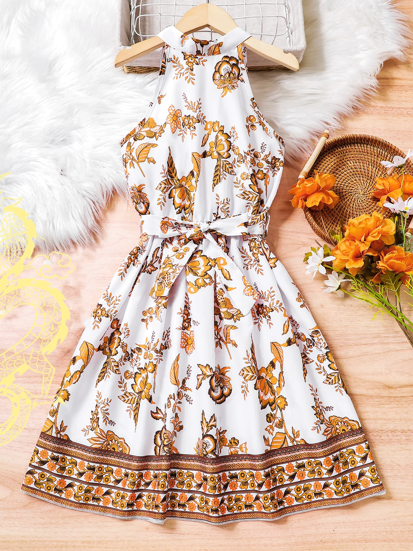 Must-have for summer: elegant floral printed white dress with belt design for vacation and daily wear