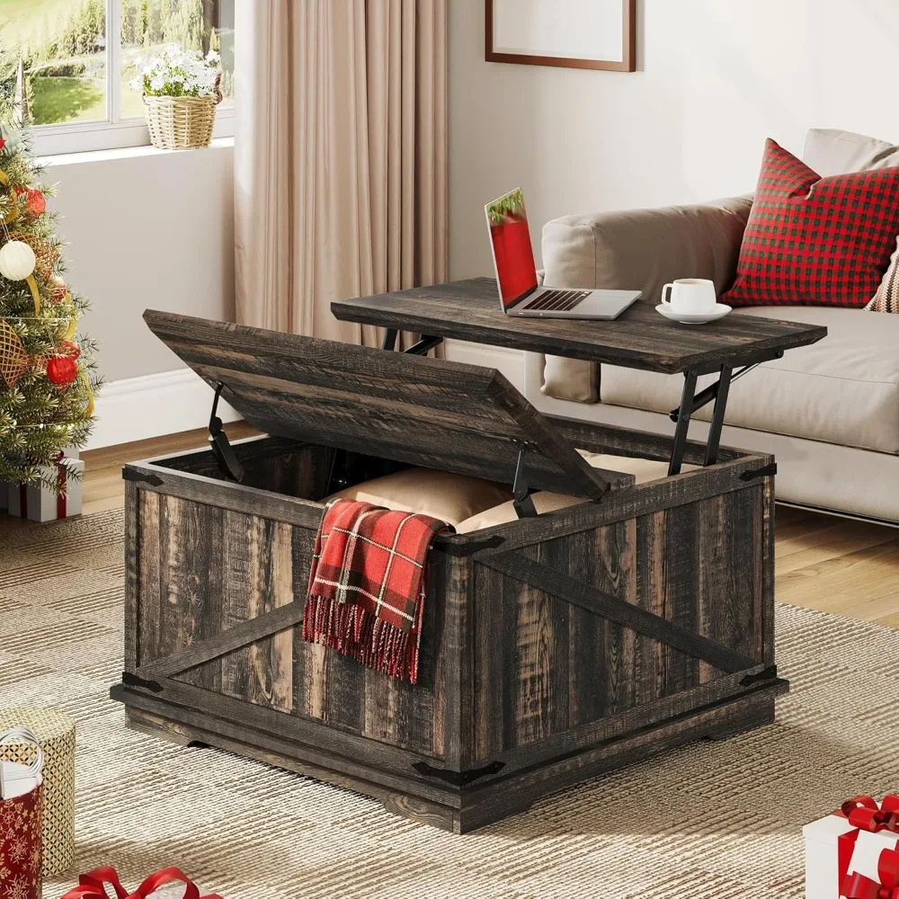 

Farmhouse Lift Top Coffee Table, Square Wood Center Table with Large Hidden Storage Compartment for Living Room, Rustic Cocktai