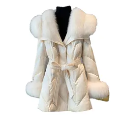 High-end down cotton jacket women Parka winter new fashion fox fur shawl collar Mid-Length loose Warm padded Clothes Female T682