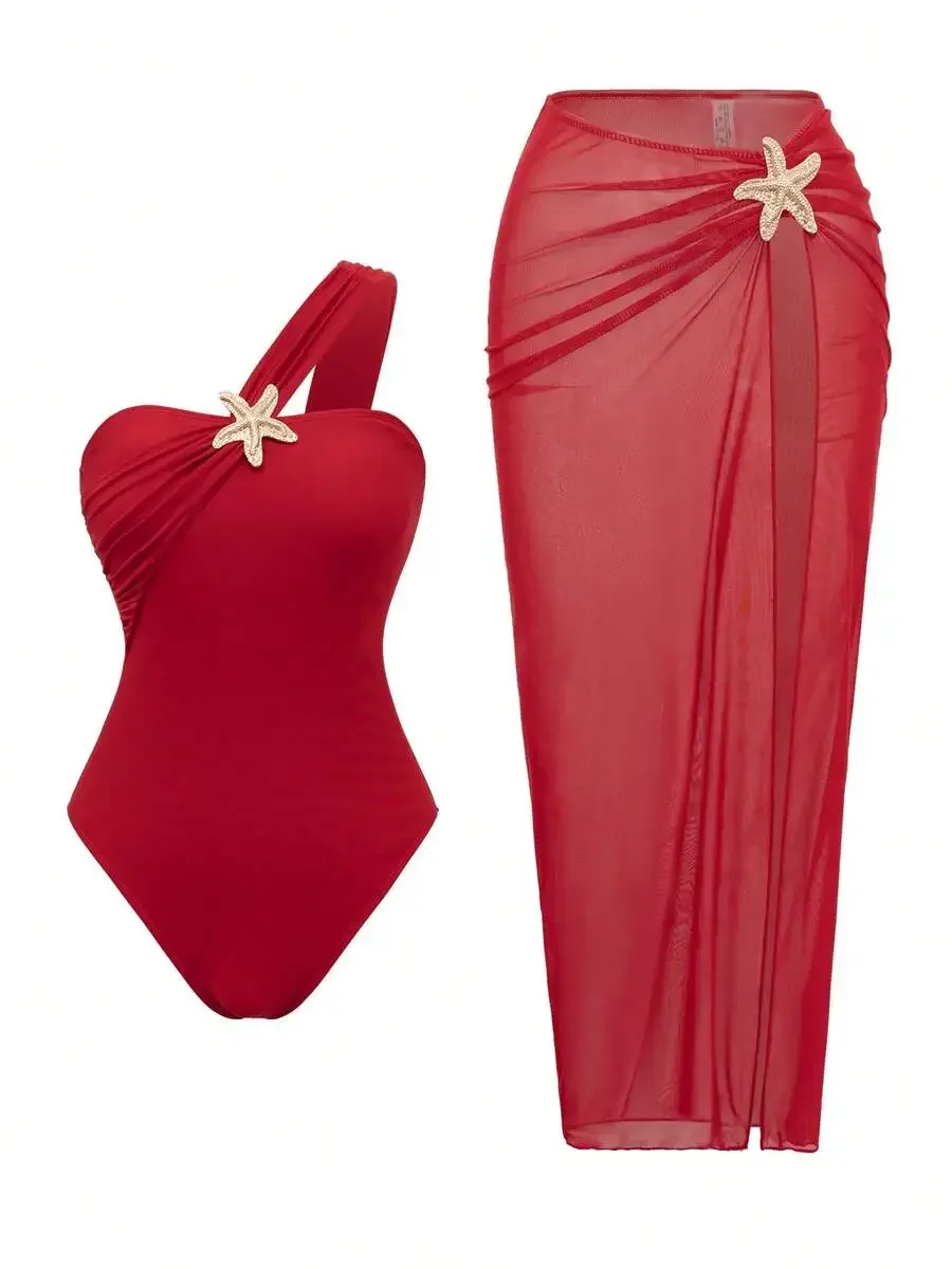 

Red One-Piece Swimsuit With Star Decoration And Sheer Skirt Set For Beach Holiday