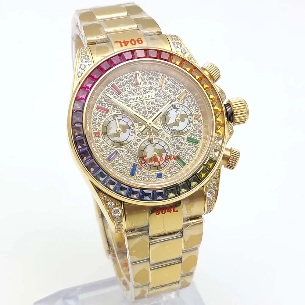 ساعة كوارتز رجالية فاخرة باللون الذهبي بتصميم ماسي وساعة VK63 للرجال بحزام معدني متطابق