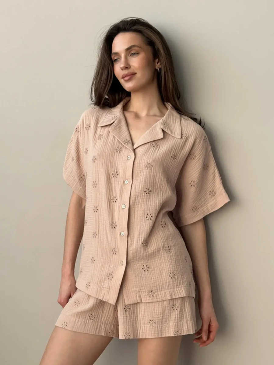 

Muzuleva 2025 Summer New Cotton Cardigan Short Sleeve Short Pants Pajama Set rWomen's Hollow Out Flower Design Loungewear