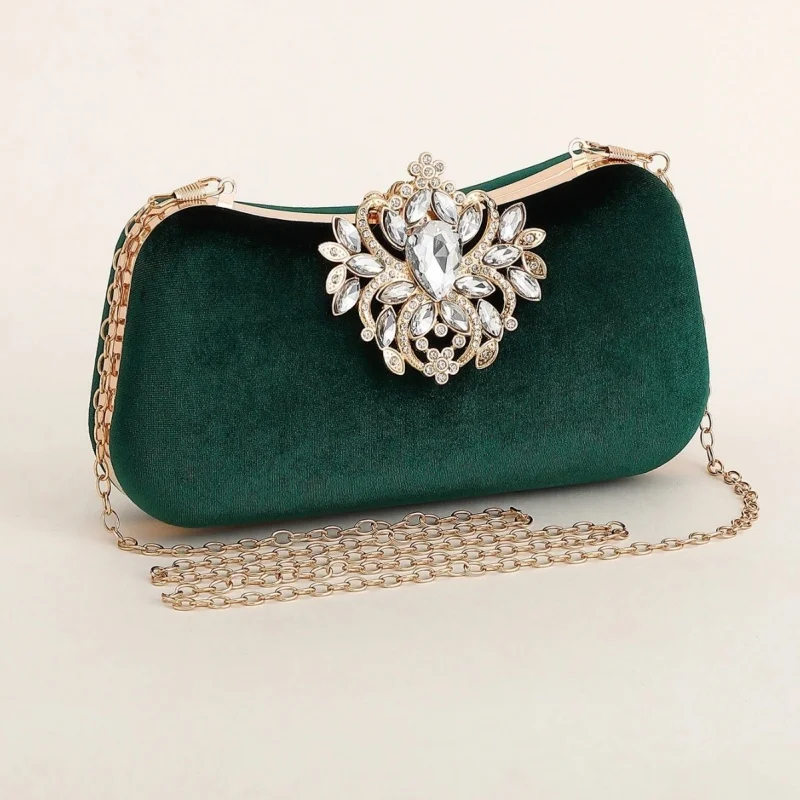 Dark Green Velvet Clutch Bag Luxury Rhinestone Floral Brooch Hard Evening Handbag Elegant Wedding Party Ladies Purse Gold Color view 4