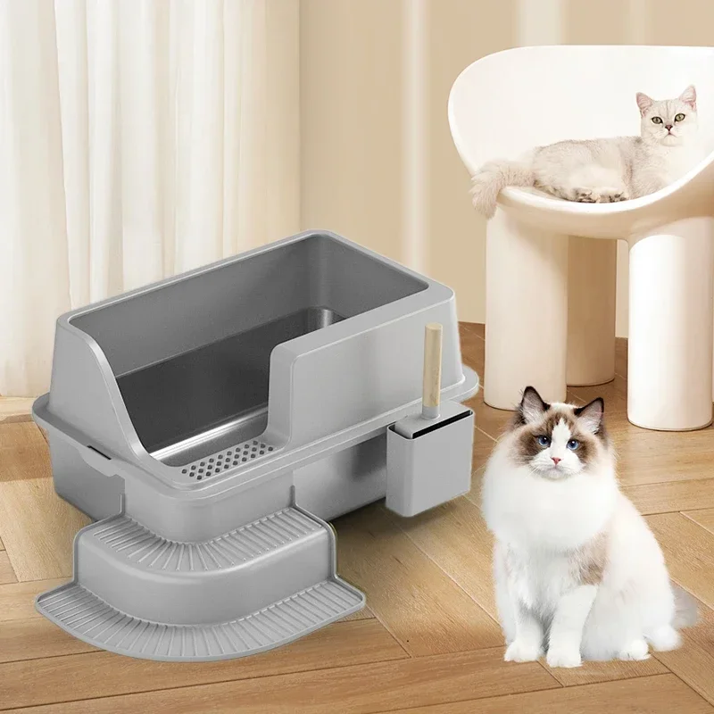 Semi-Closed Cat Litter Basin,Rectangle Semi-Closed Anti-Splash Pet Cat Litter Box Case Toilet Tray with Scoop