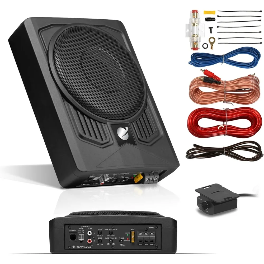

P8AWK Low Profile 8 Inch Under Seat Powered Car Subwoofer - 800 High Output, Built-in Amplifier, for Truck, Boxes and Enclosure