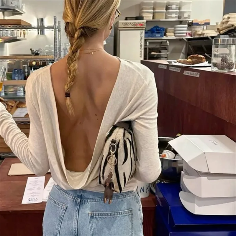 قميص نسائي أنيق مفتوح الظهر بأكمام طويلة بدون ظهر ورقبة قارب بلوزة للخروج ملابس Y2k بلوزة جمالية منخفضة الظهر