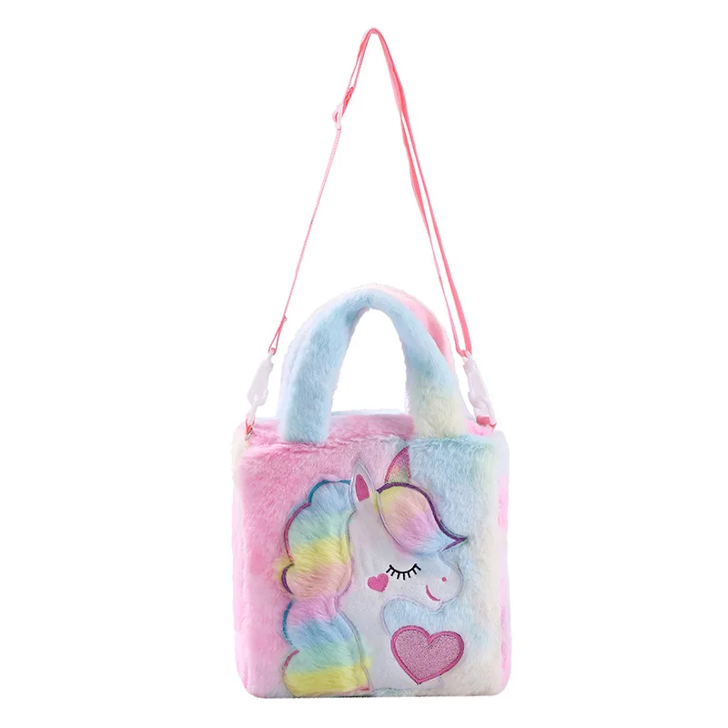 Children Plush Handbag Unicorn Colorful Fur Shoulder Bags Winter School Purse Cartoon Animal Fashion Totes Kids Belts Pouch