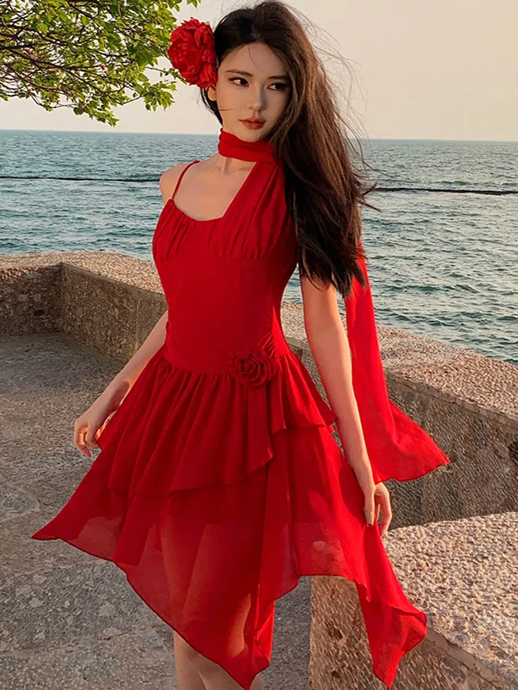 Boho Mini abito irregolare in chiffon rosso femminile sexy con spalle scoperte Slim Sling Holiday Beach Party Dress 2025 Nuova estate