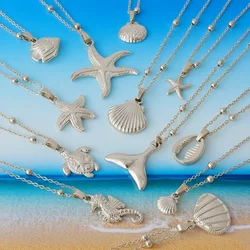 1Pcs Stainless Steel Shell Starfish Charms Necklace For Women Vintage Silver Color Marine Organism Fish Tail Bead Chain Jewelry