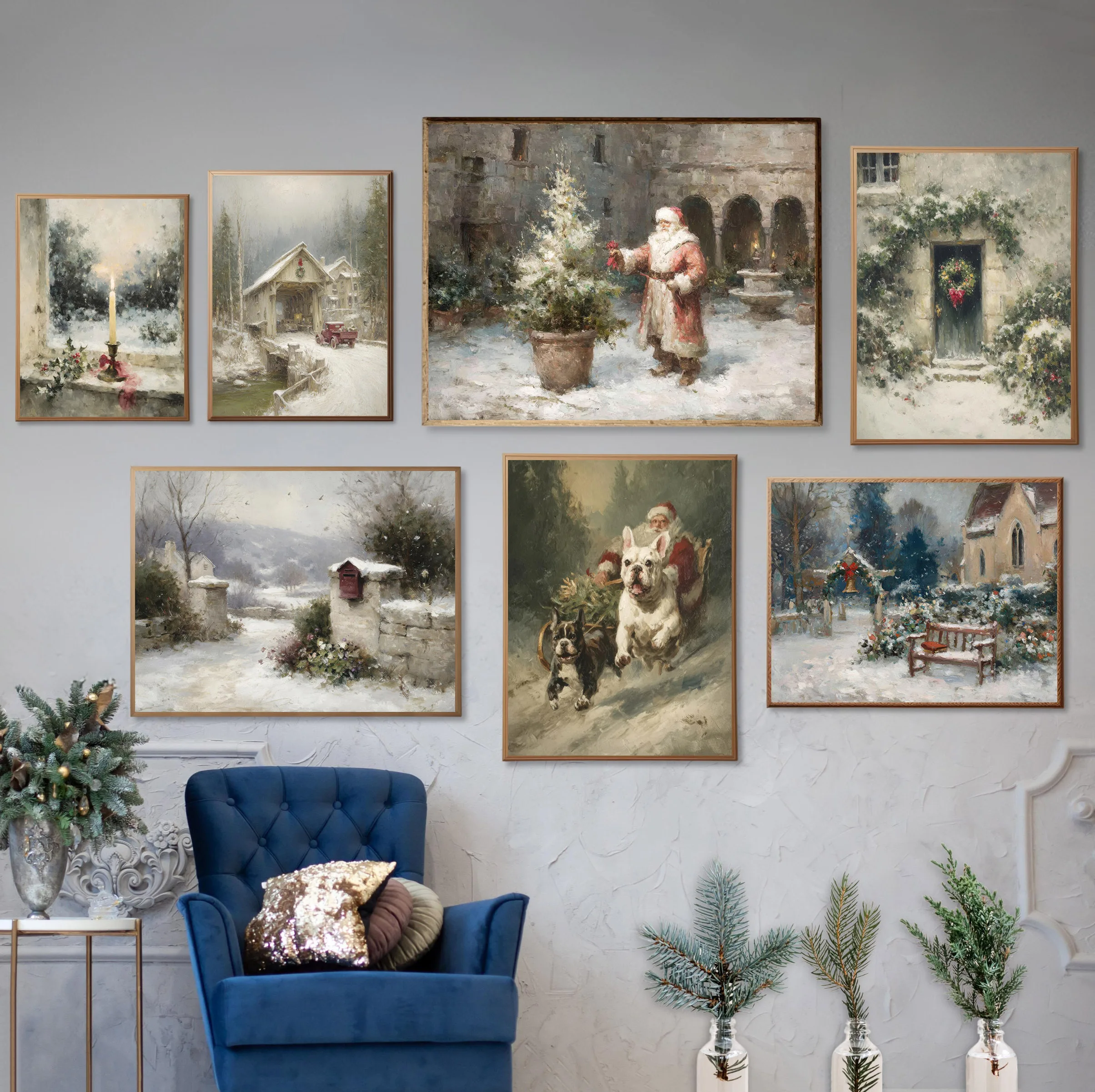 Winter City Snow Scene Christmas Tree Santa Claus Retro Posters Prints Canvas Painting Wall Art Picture Living Room Home Deco